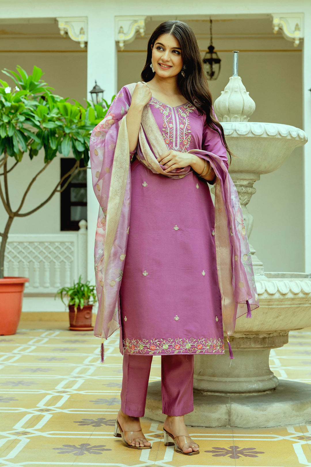 Pink Viscose Chanderi Silk Readymade Salwar Suit