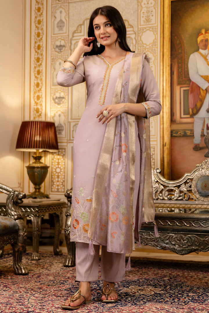 Viscose Lavender Color Embroidered Readymade Salwar Suit