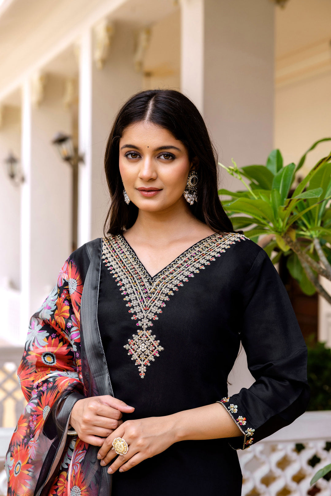 Black Viscose Chanderi Readymade Salwar Suit