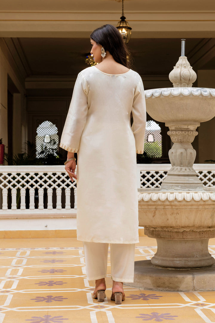 Viscose Chanderi Readymade Salwar Suit In White Color