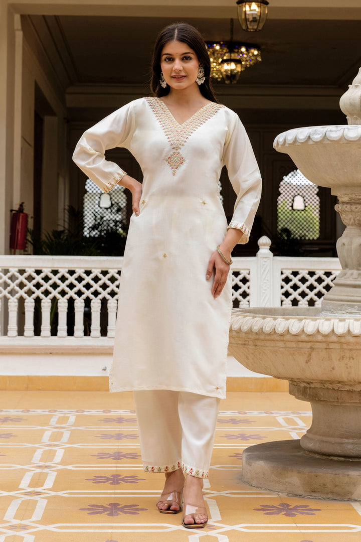 Viscose Chanderi Readymade Salwar Suit In White Color