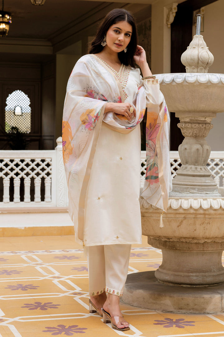 Viscose Chanderi Readymade Salwar Suit In White Color