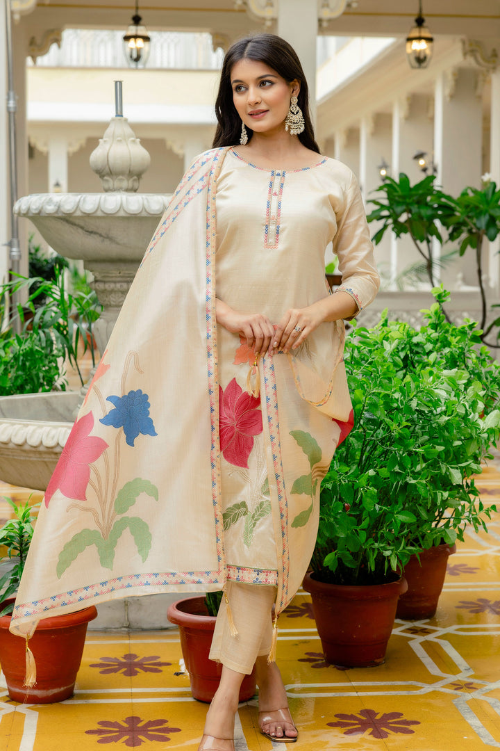 Viscose Silk Beige Color Trendy Readymade Salwar Suit