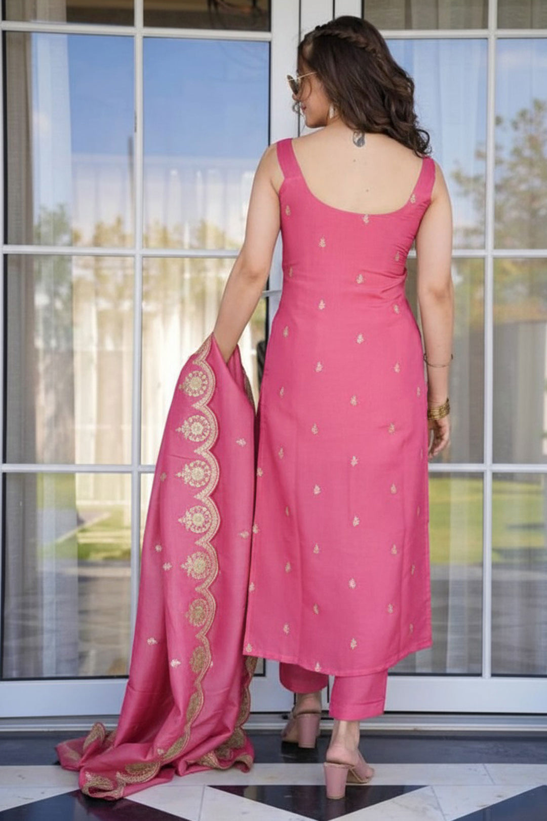 Viscose Chanderi Readymade Salwar Suit In Pink Color