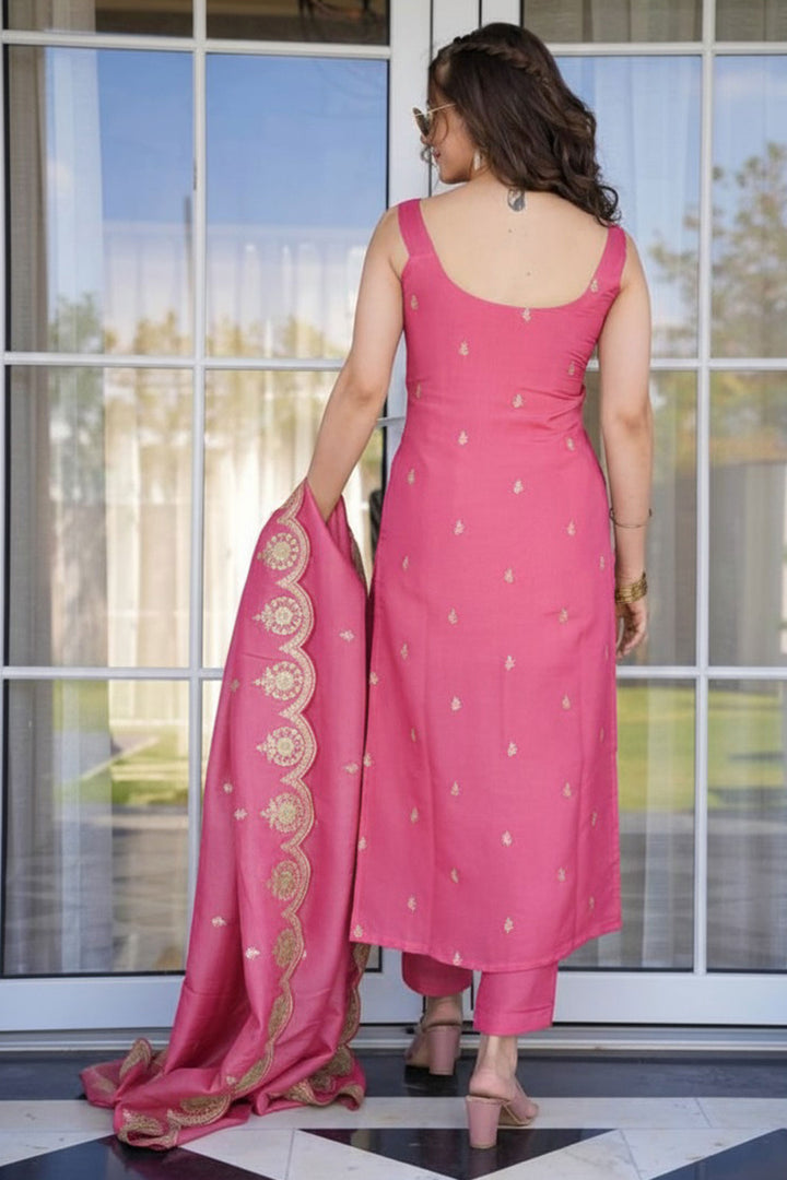 Viscose Chanderi Readymade Salwar Suit In Pink Color