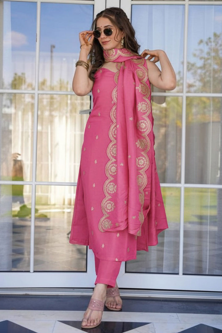 Viscose Chanderi Readymade Salwar Suit In Pink Color