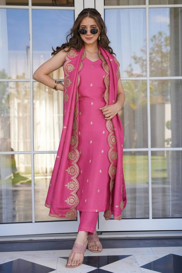 Viscose Chanderi Readymade Salwar Suit In Pink Color