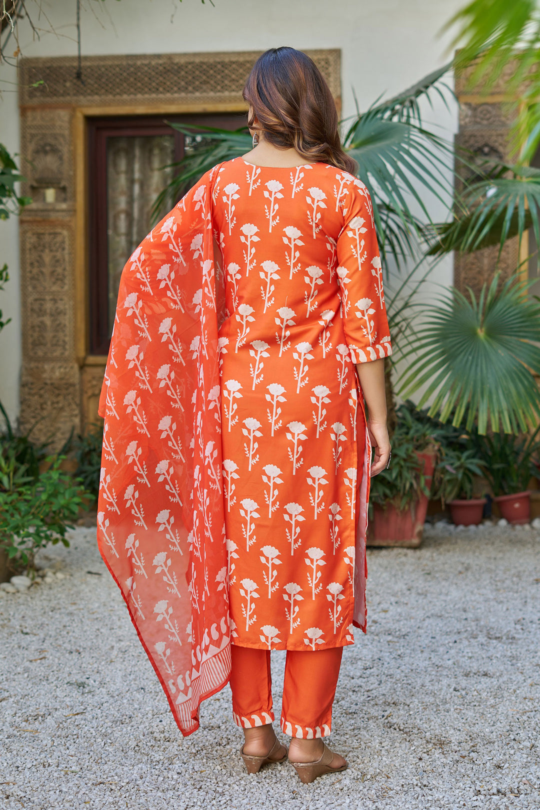 Cotton Fabric Orange Readymade Salwar Suit