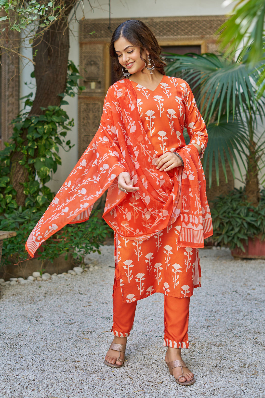 Cotton Fabric Orange Readymade Salwar Suit