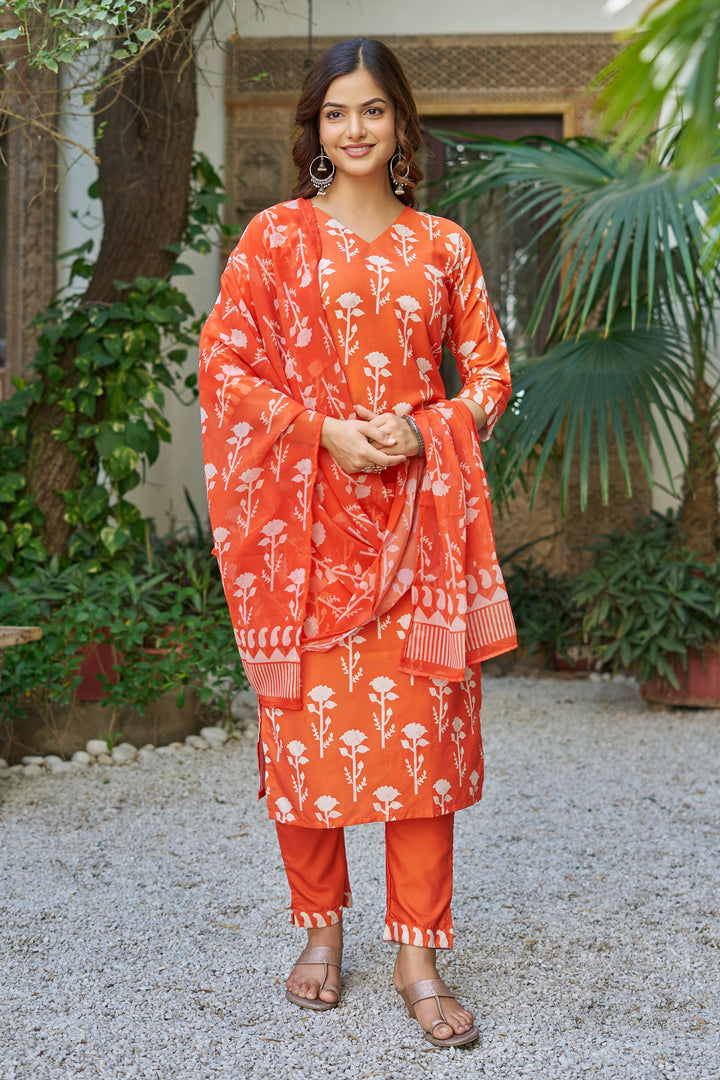 Cotton Fabric Orange Readymade Salwar Suit