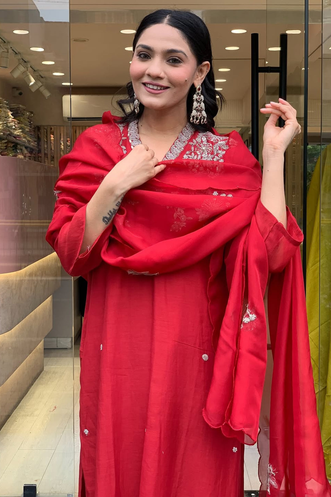 Stunning Red Color Chanderi Readymade Salwar Suit