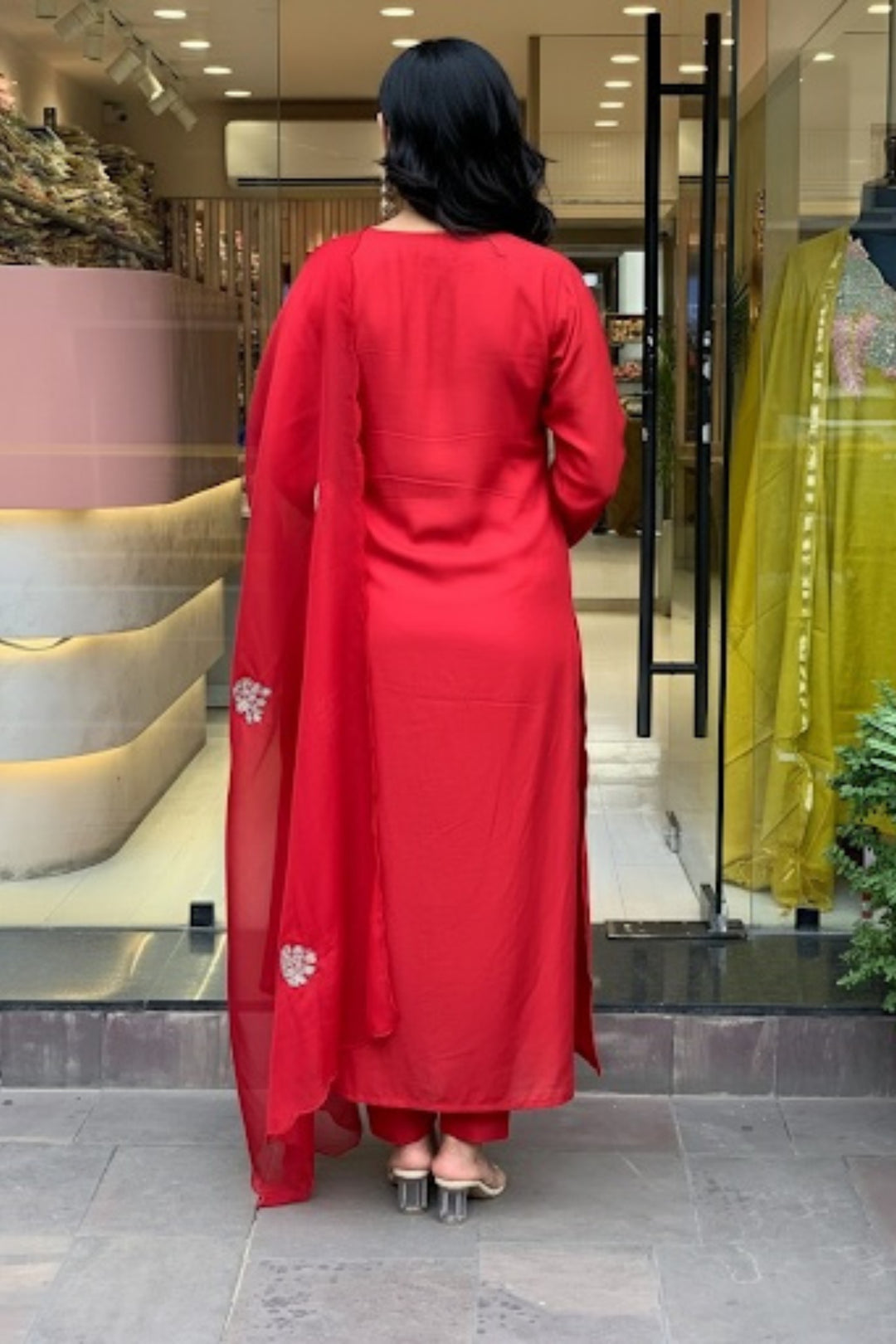 Stunning Red Color Chanderi Readymade Salwar Suit