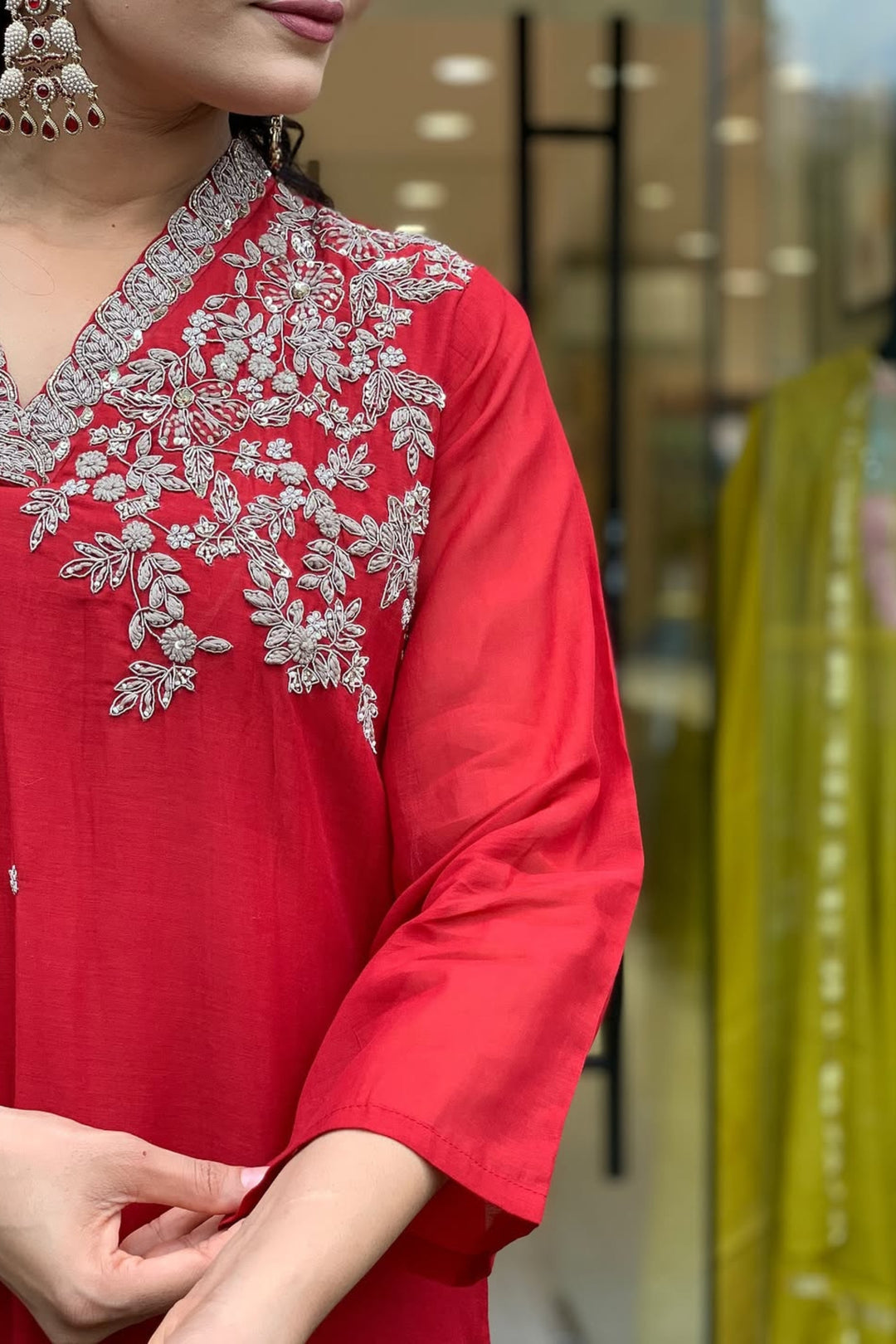 Stunning Red Color Chanderi Readymade Salwar Suit