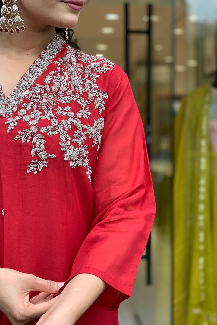 Stunning Red Color Chanderi Readymade Salwar Suit