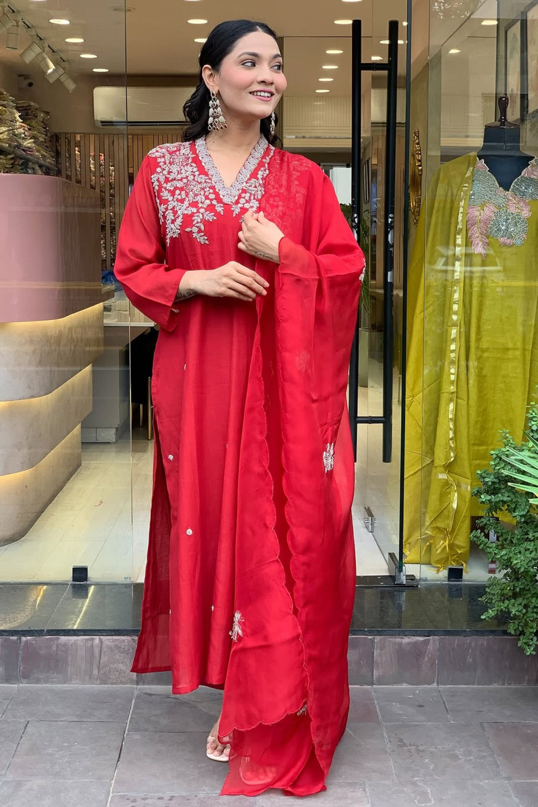 Stunning Red Color Chanderi Readymade Salwar Suit
