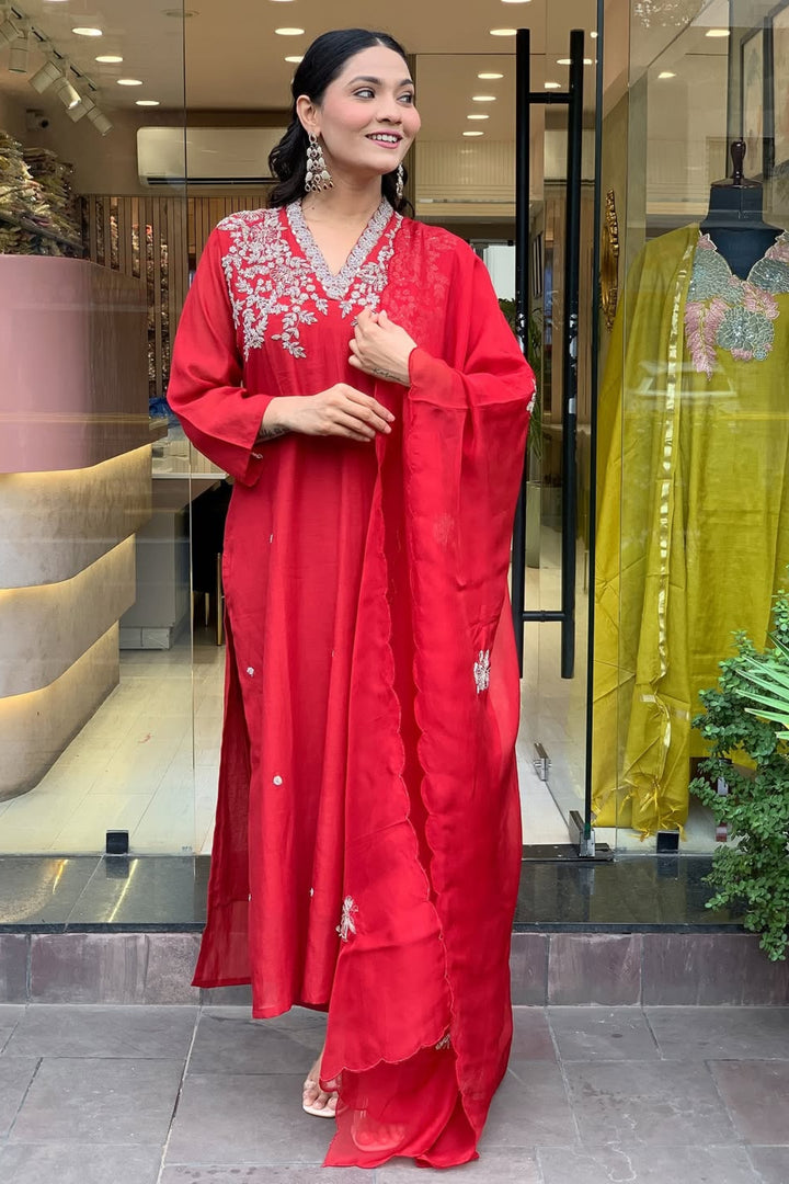 Stunning Red Color Chanderi Readymade Salwar Suit