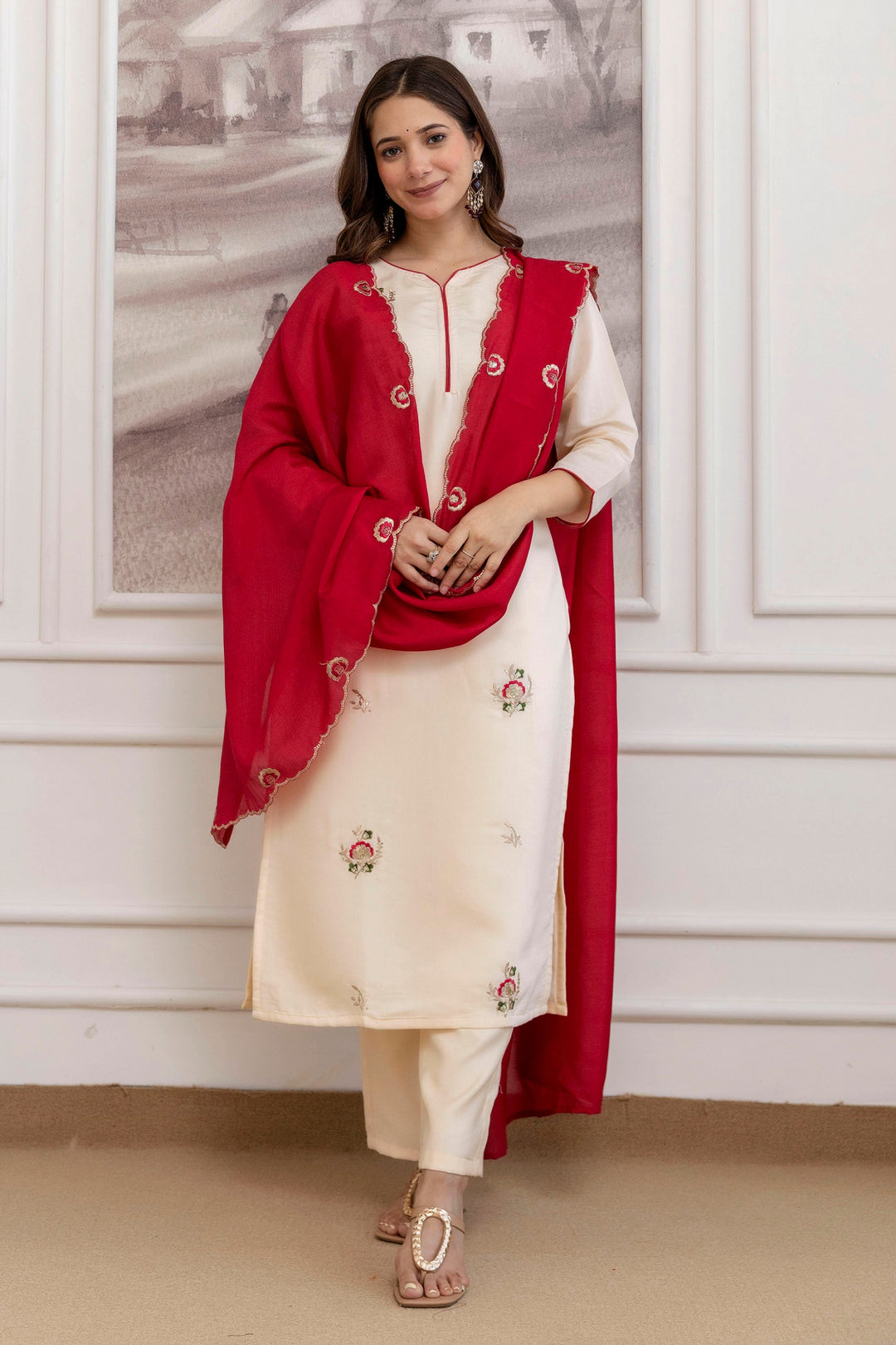 Cream Color Chanderi Readymade Salwar Suit For Festival