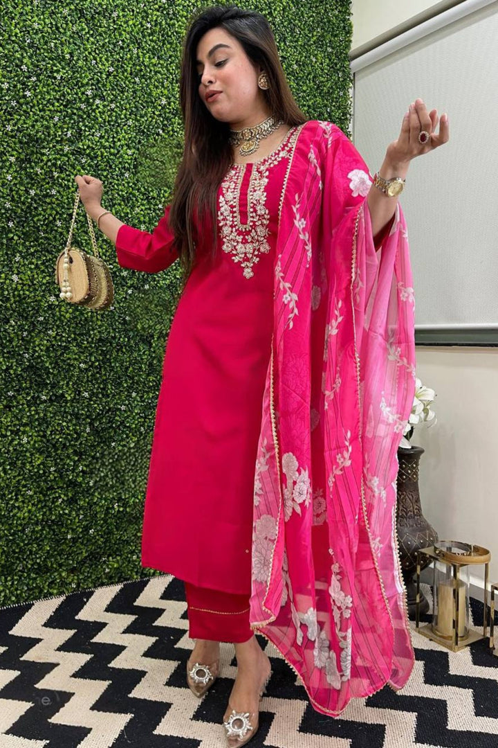 Rani Pink Color Readymade Viscose Chanderi Salwar Suit