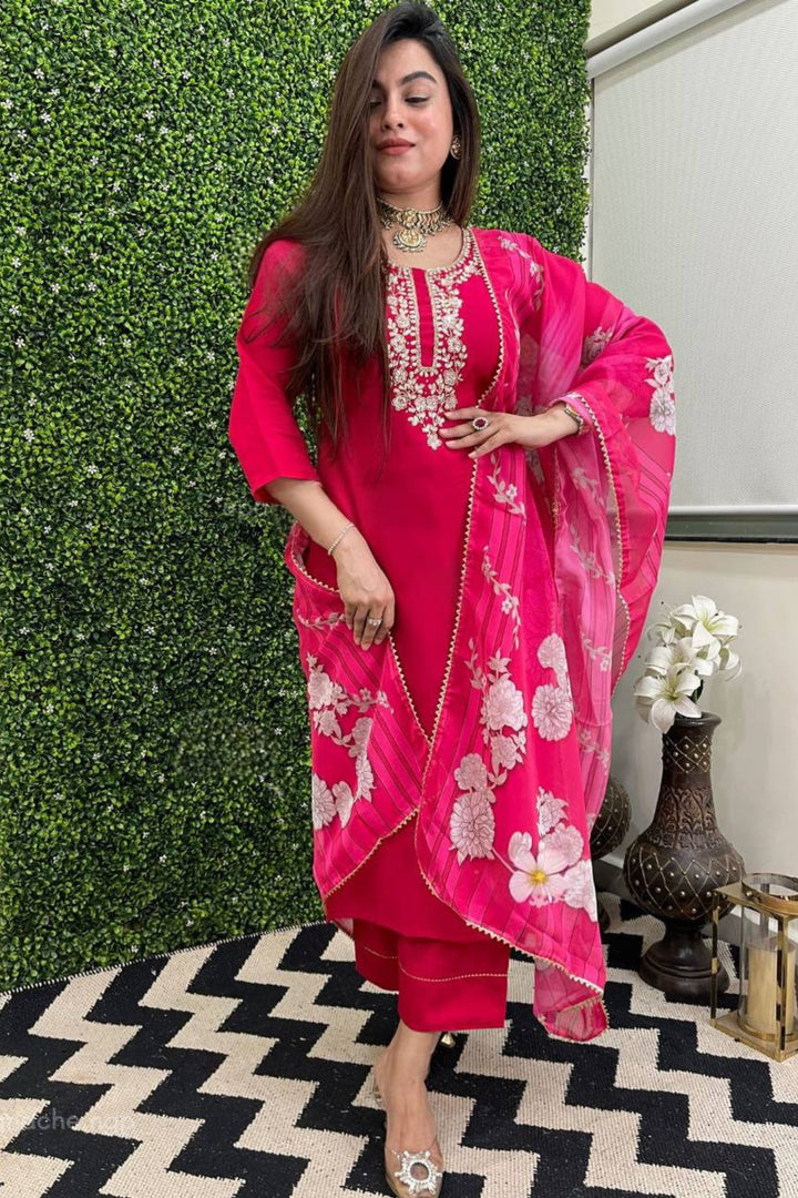 Rani Pink Color Readymade Viscose Chanderi Salwar Suit
