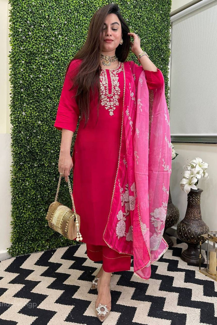 Rani Pink Color Readymade Viscose Chanderi Salwar Suit