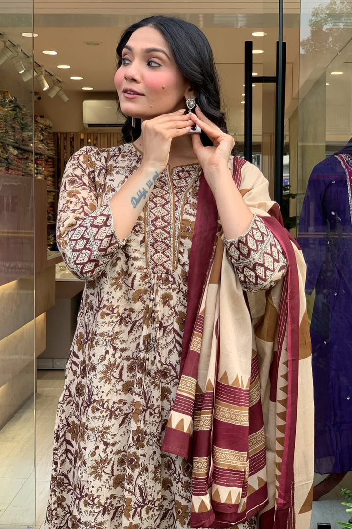 Engaging Beige Color Readymade Cotton Salwar Suit