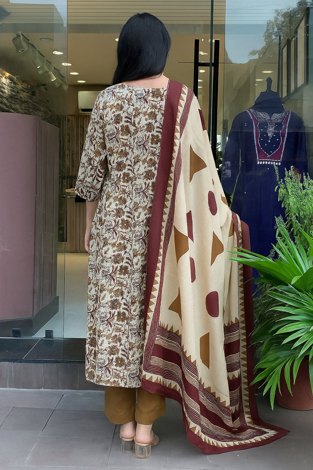 Engaging Beige Color Readymade Cotton Salwar Suit