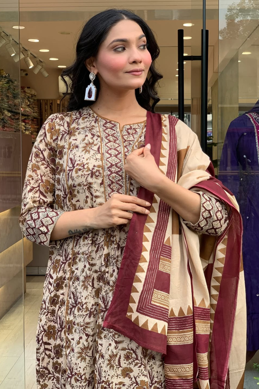 Engaging Beige Color Readymade Cotton Salwar Suit