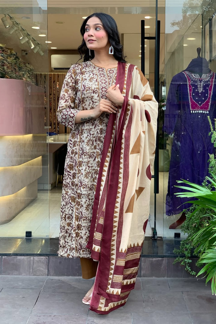 Engaging Beige Color Readymade Cotton Salwar Suit