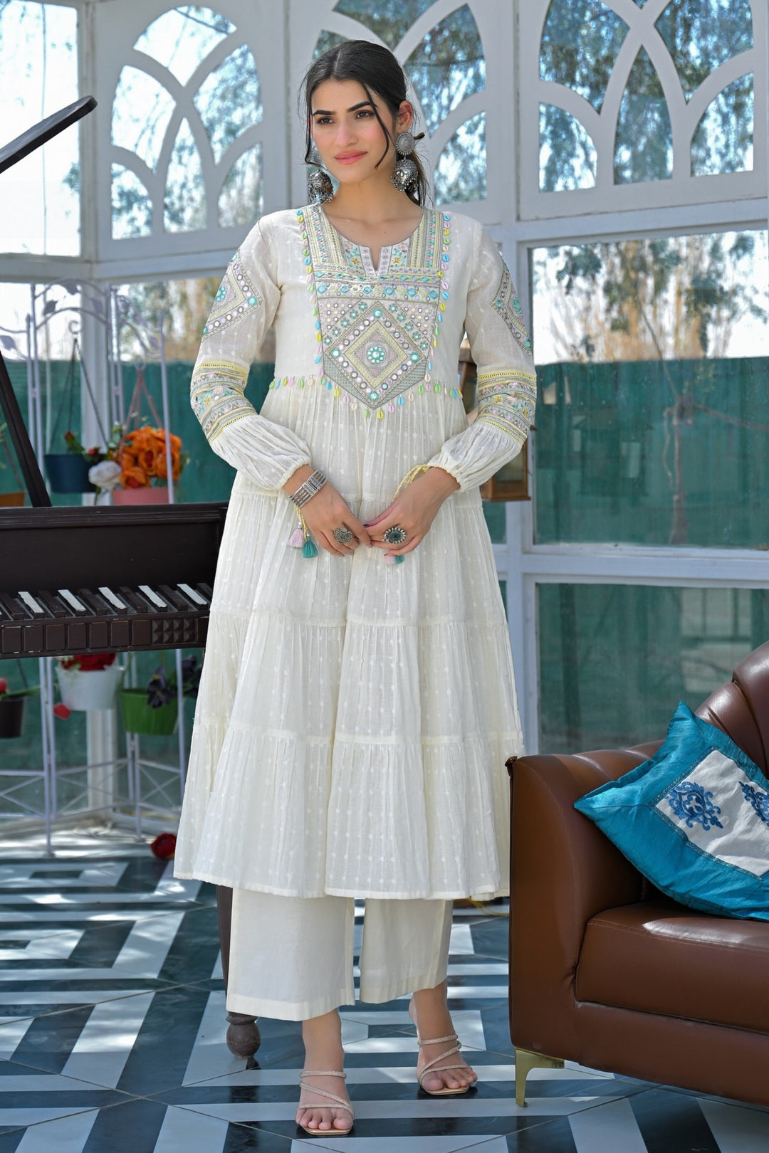 White Cotton Embroidered Readymade Salwar Suit | Buy Online India
