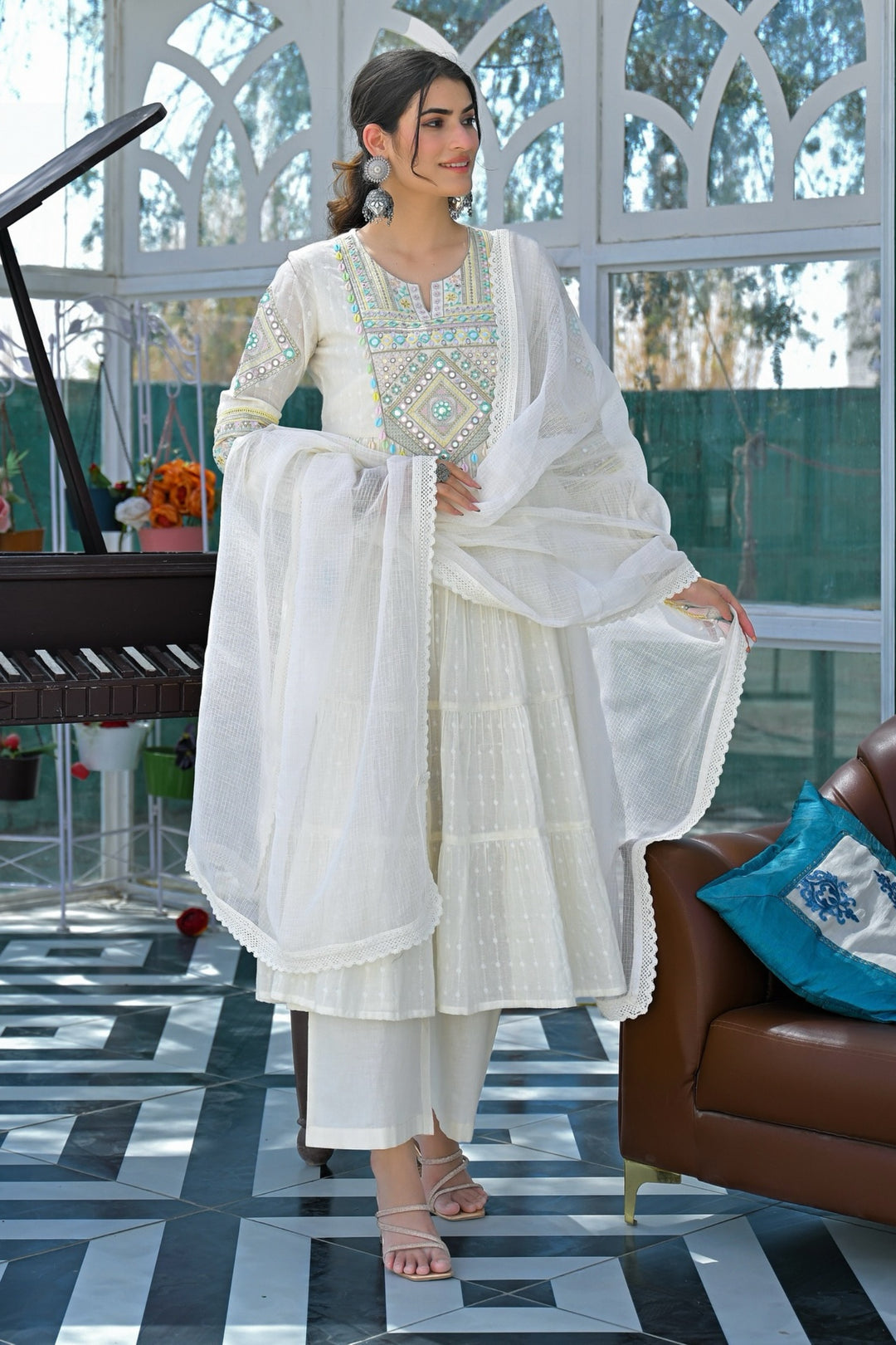 White Cotton Embroidered Readymade Salwar Suit | Buy Online India