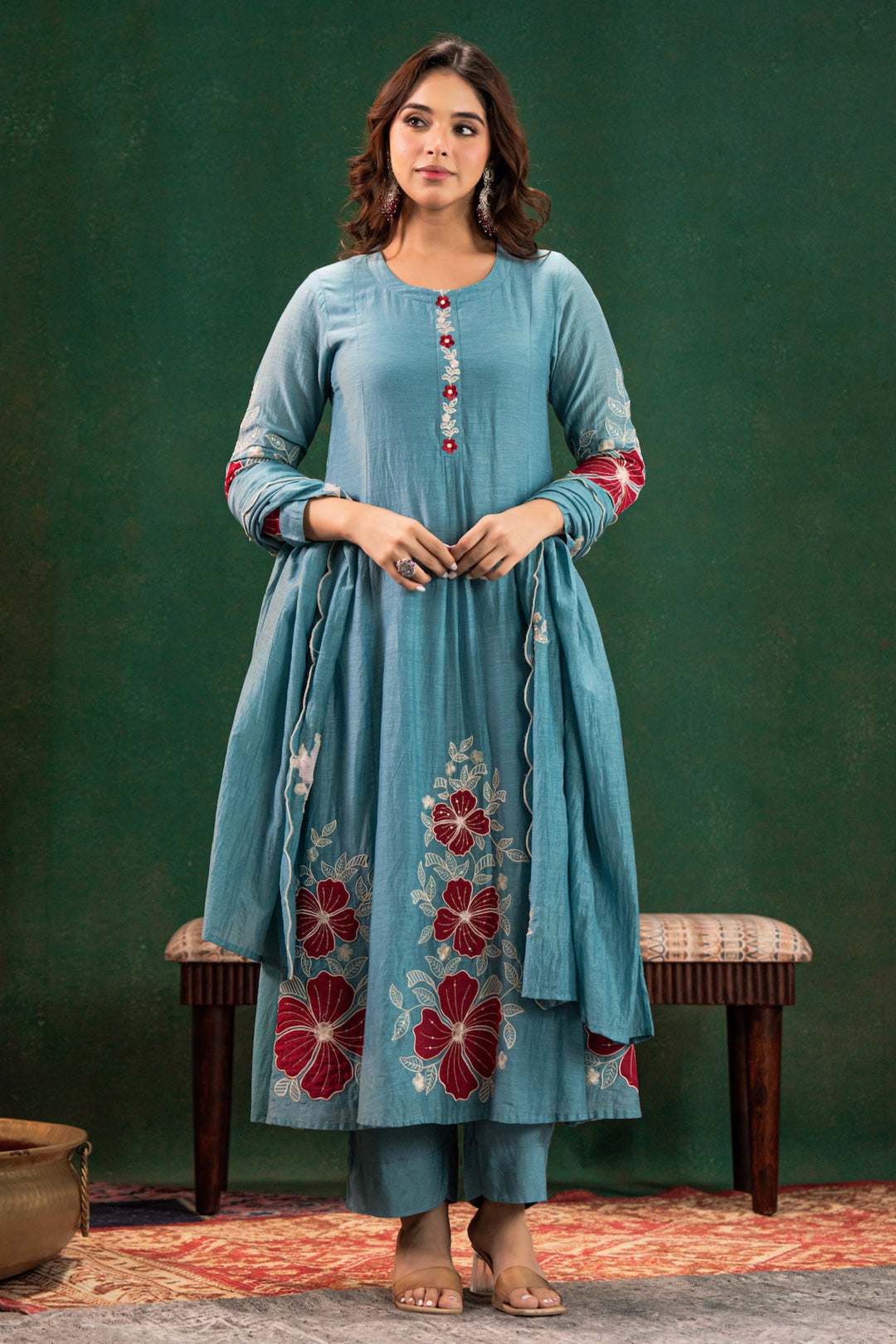 Cyan Color Readymade Chanderi Silk Salwar Suit | Buy Online India