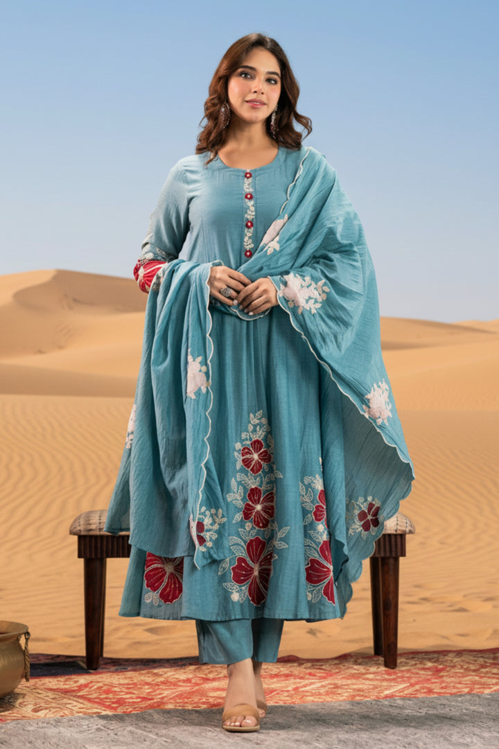 Cyan Color Readymade Chanderi Silk Salwar Suit | Buy Online India
