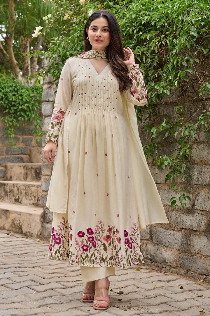 Chanderi Silk Cream Color Readymade Salwar Suit | Buy Online India