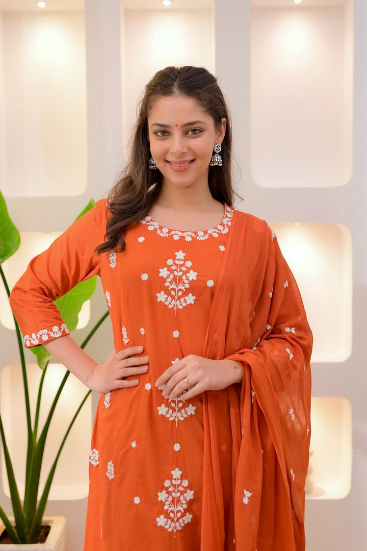 Orange Rayon Fabric Readymade Embroidered Salwar Suit | Buy Online India