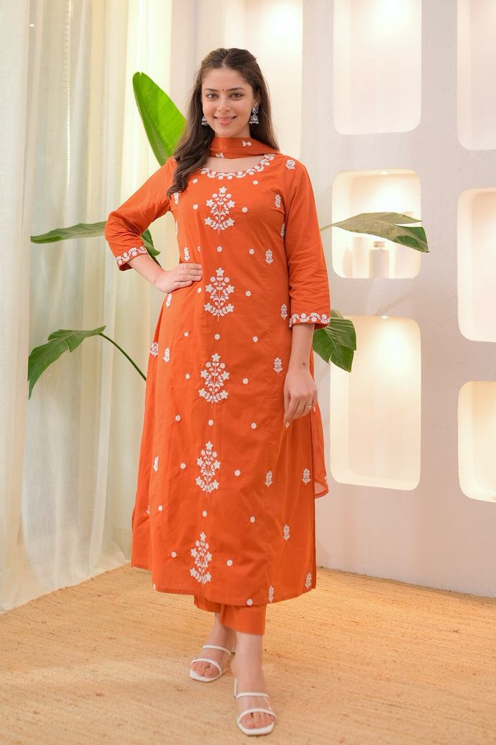 Orange Rayon Fabric Readymade Embroidered Salwar Suit | Buy Online India