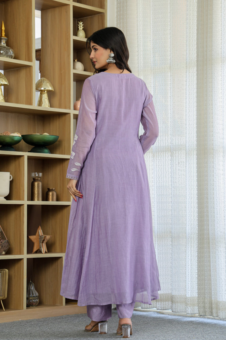 Chanderi Silk Lavender Embroidered Readymade Salwar Suit | Buy Online India