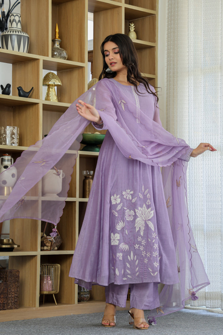Chanderi Silk Lavender Embroidered Readymade Salwar Suit | Buy Online India