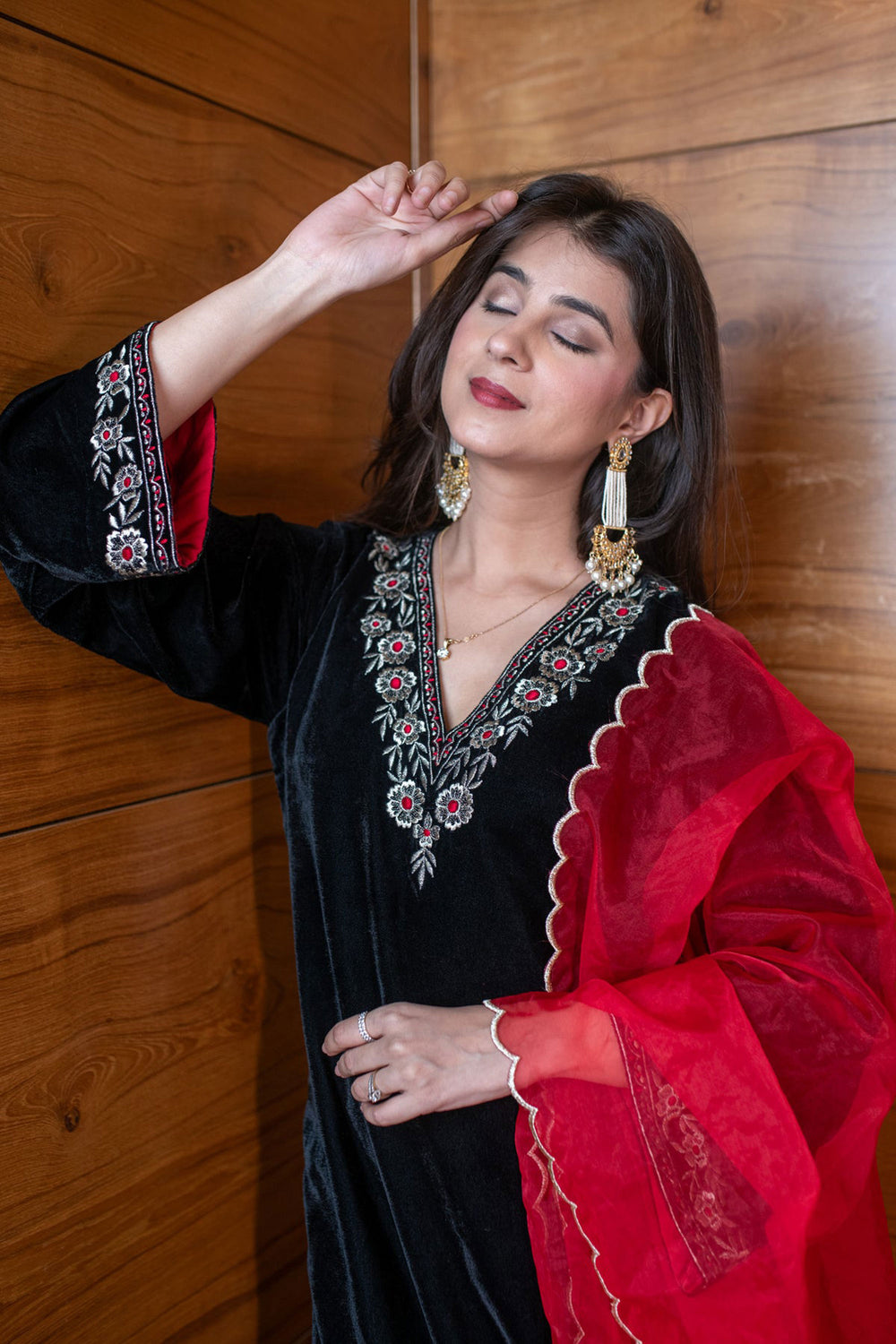 Velvet Fabric Readymade Salwar Suit In Black Color | Buy Online India