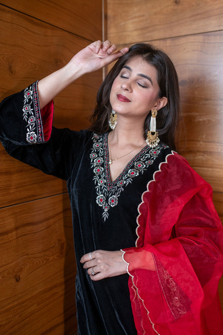 Velvet Fabric Readymade Salwar Suit In Black Color | Buy Online India