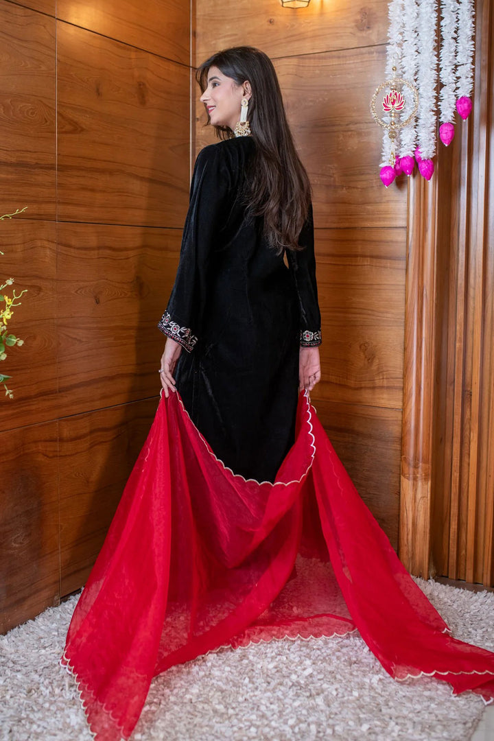 Velvet Fabric Readymade Salwar Suit In Black Color | Buy Online India