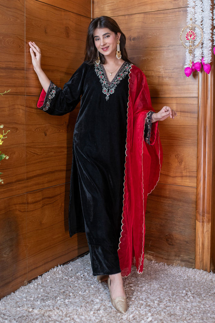 Velvet Fabric Readymade Salwar Suit In Black Color | Buy Online India