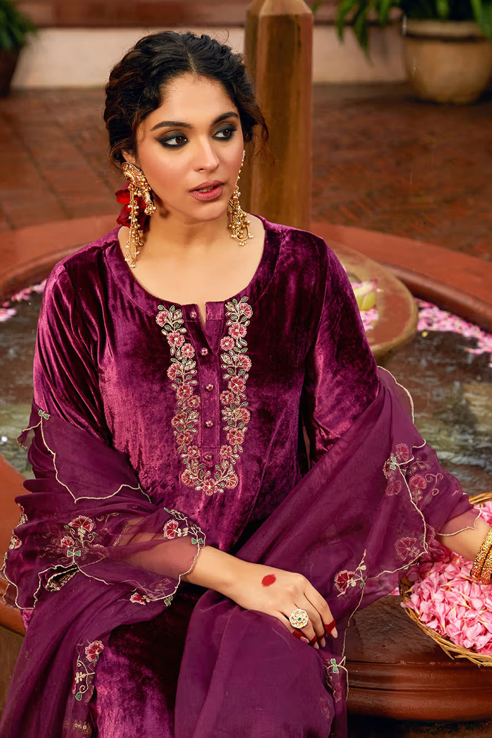 Wine Color Readymade Salwar Suit In Velvet Fabric | Buy Online India