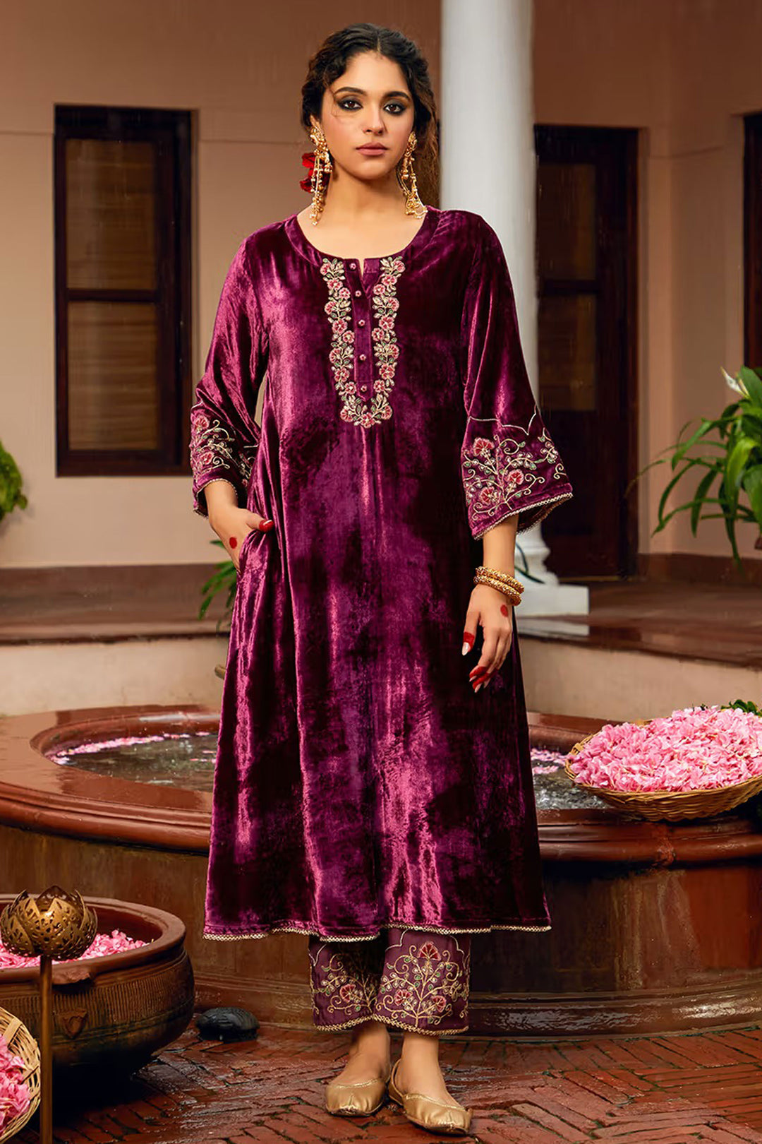 Wine Color Readymade Salwar Suit In Velvet Fabric | Buy Online India