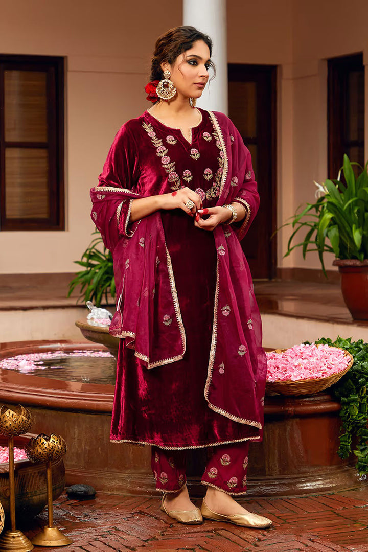 Maroon Color Velvet Fabric Readymade Salwar Suit | Buy Online India