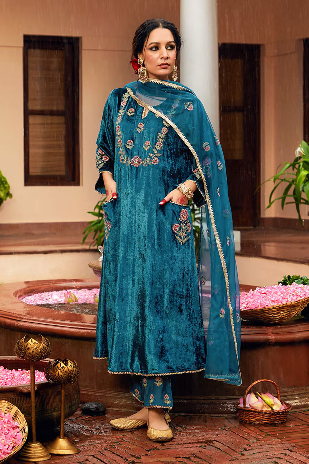 Velvet Fabric Blue Color Readymade Salwar Suit | Buy Online India