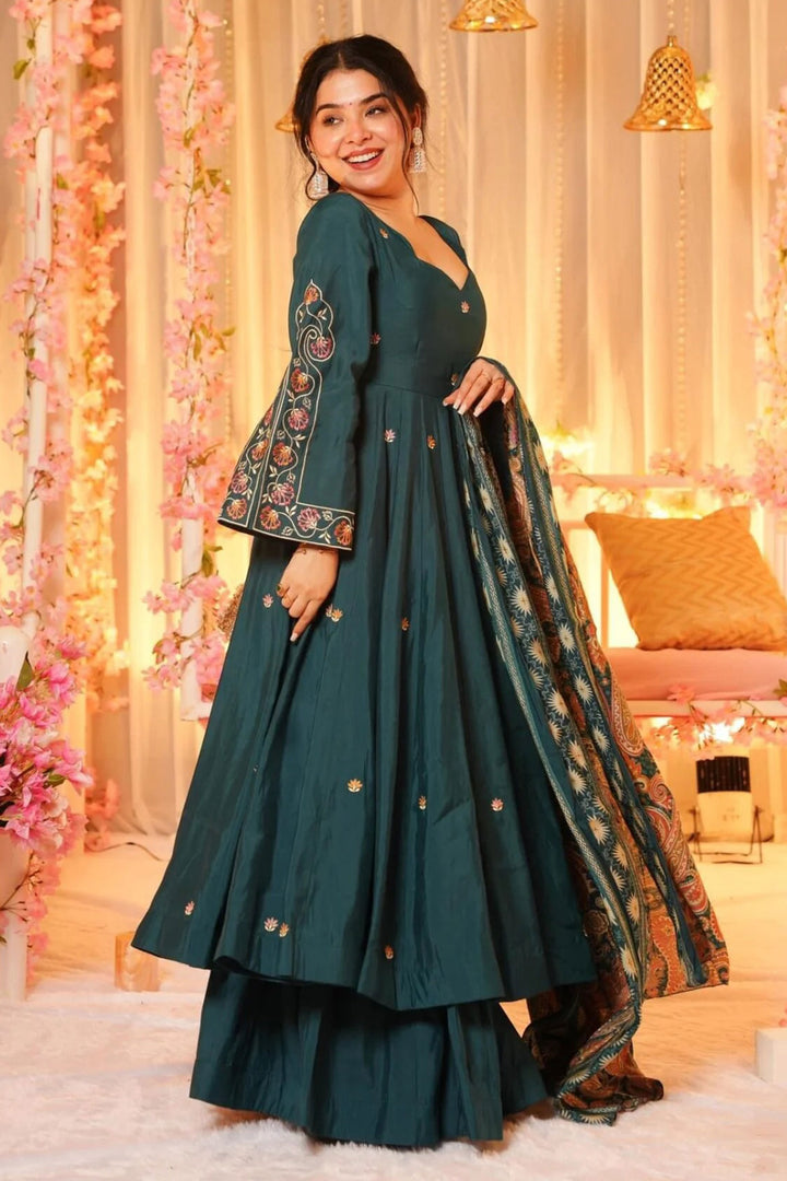 Chanderi Fabric Teal Color Readymade Salwar Suit | Buy Online India