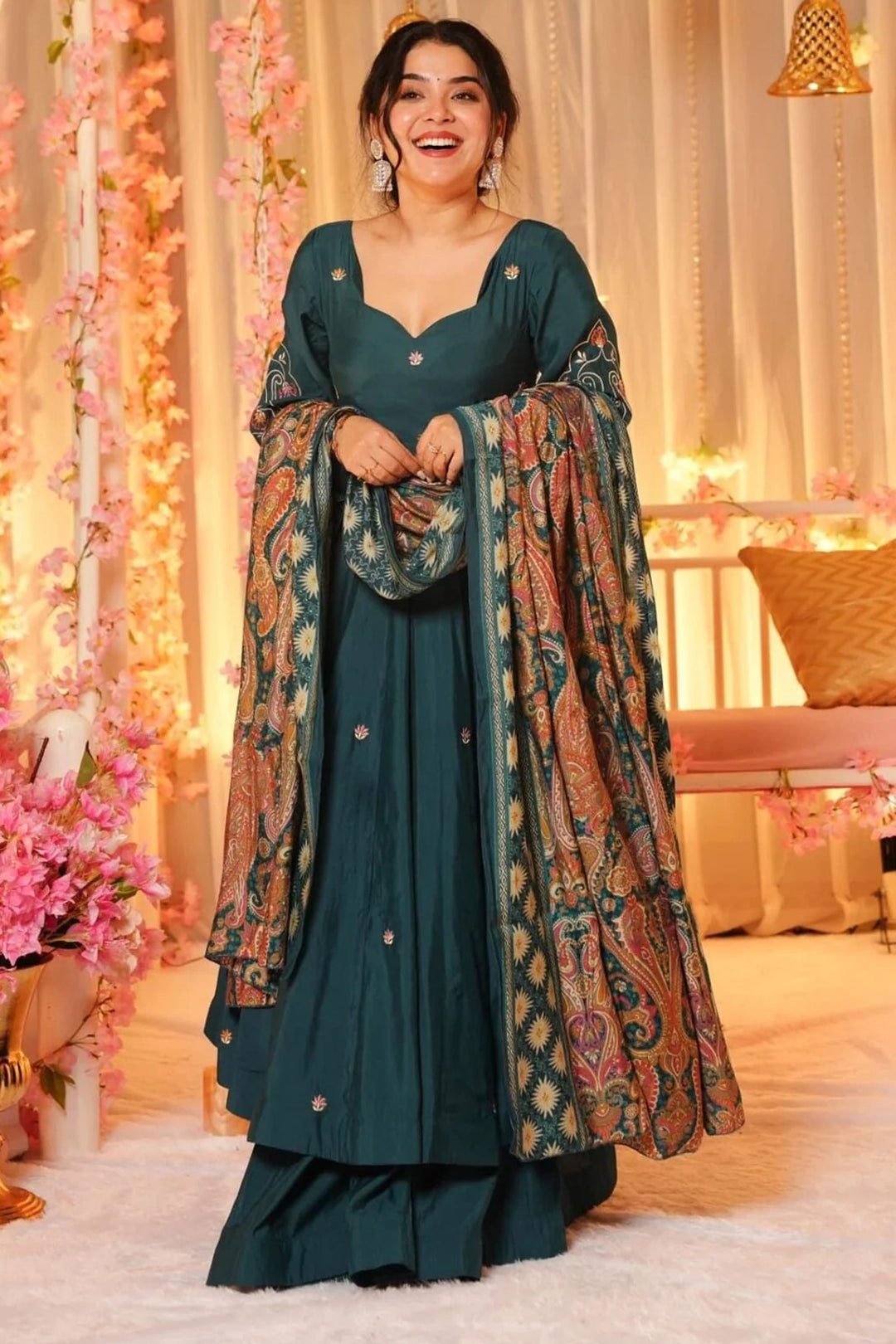 Chanderi Fabric Teal Color Readymade Salwar Suit | Buy Online India
