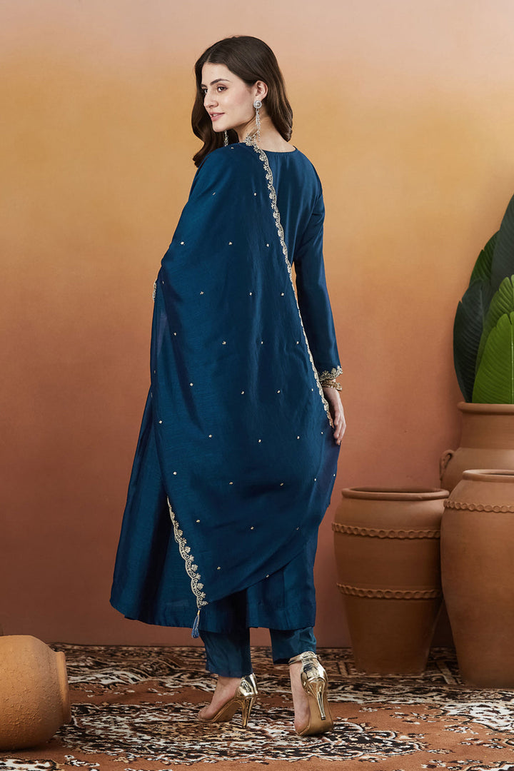Teal Color Vichitra Silk Fabric Readymade Salwar Suit | Buy Online India