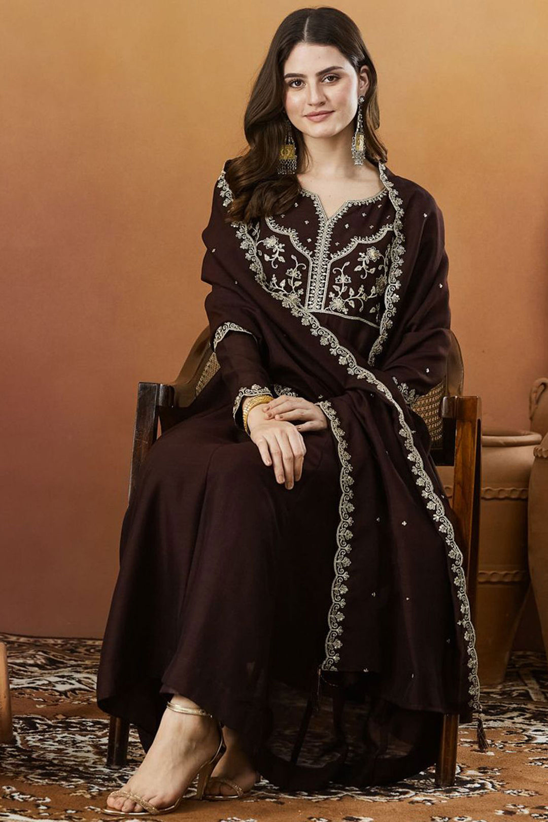 Brown Color Readymade Salwar Suit In Vichitra Silk Fabric | Buy Online India
