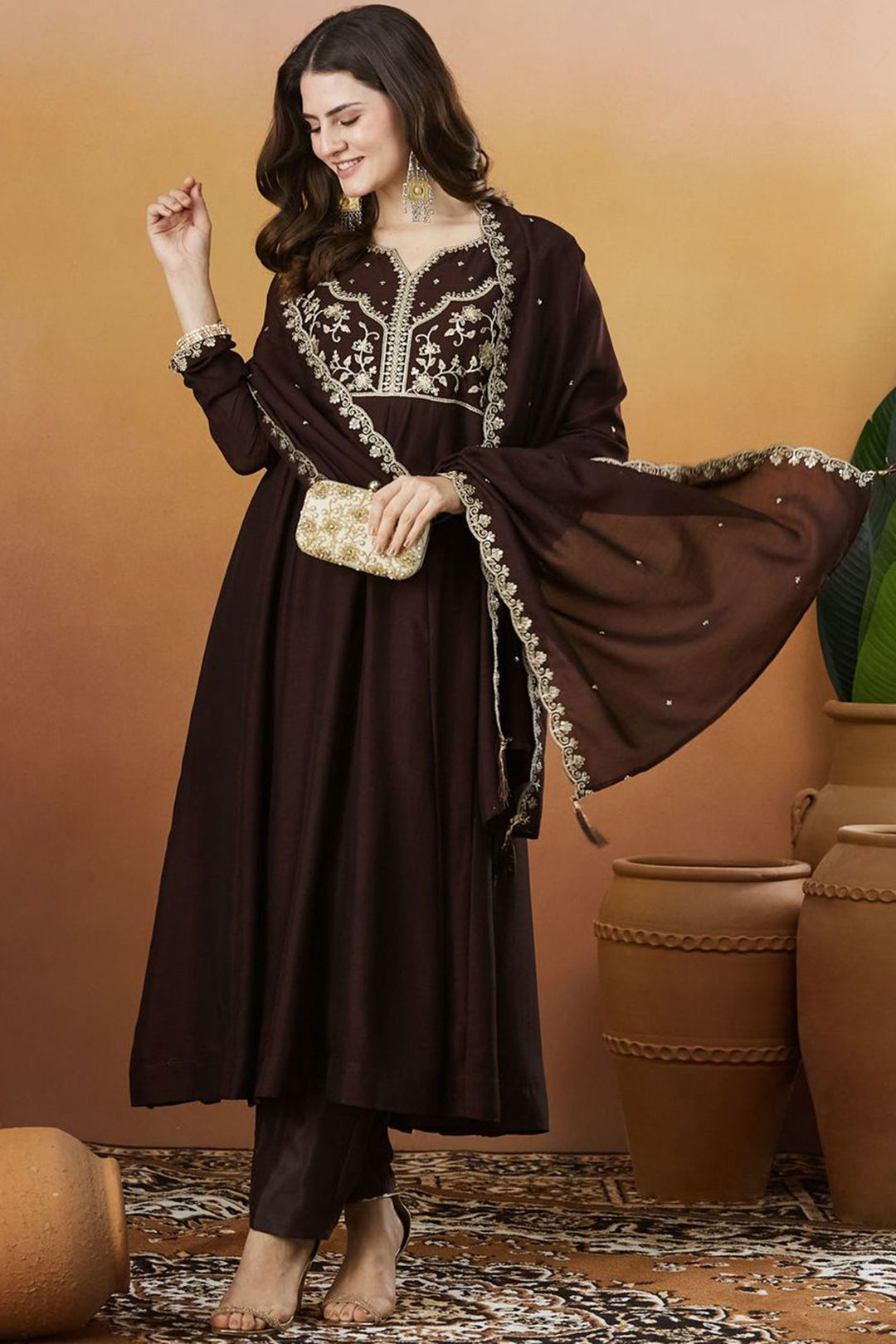 Brown Color Readymade Salwar Suit In Vichitra Silk Fabric | Buy Online India